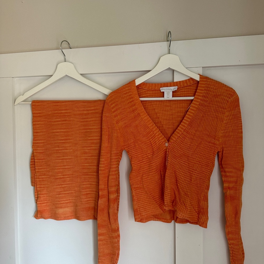 Orange Ribbed Cardigan and Skirt Set